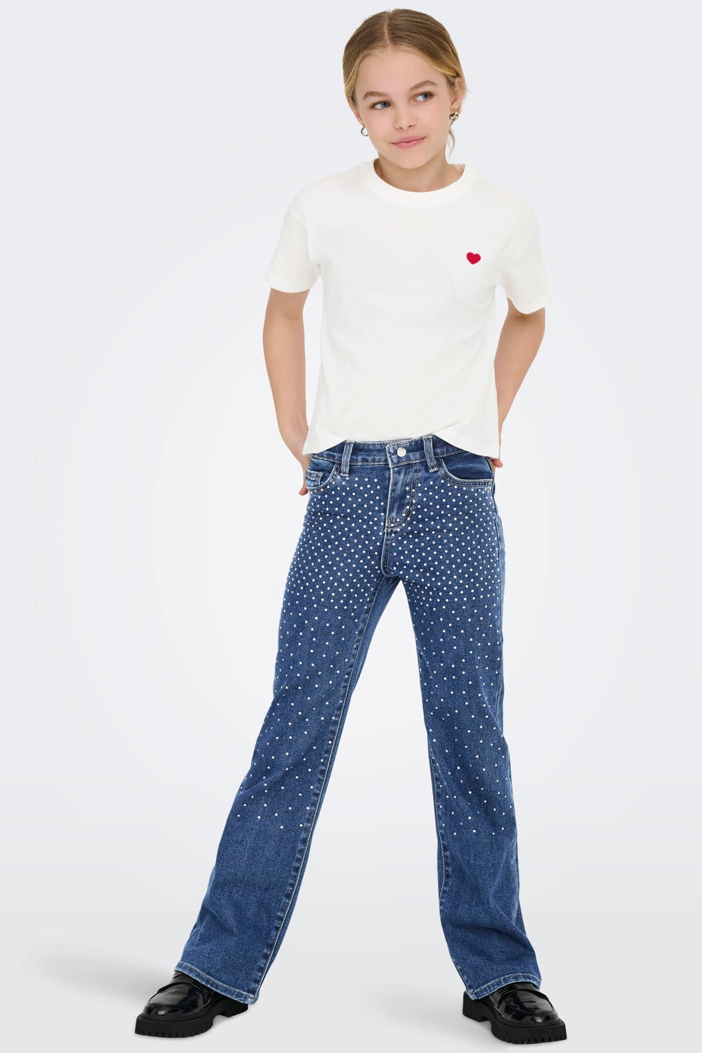 Wit en rode meisjes KIDS ONLY GIRL T-shirt van katoen met effen, korte mouwen en ronde hals