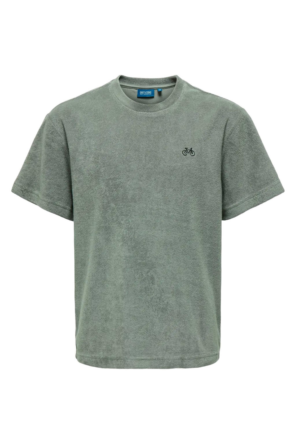 Groene jongens ONLY & SONS JUNIOR T-shirt van badstof met effen, korte mouwen, ronde hals en borduursels