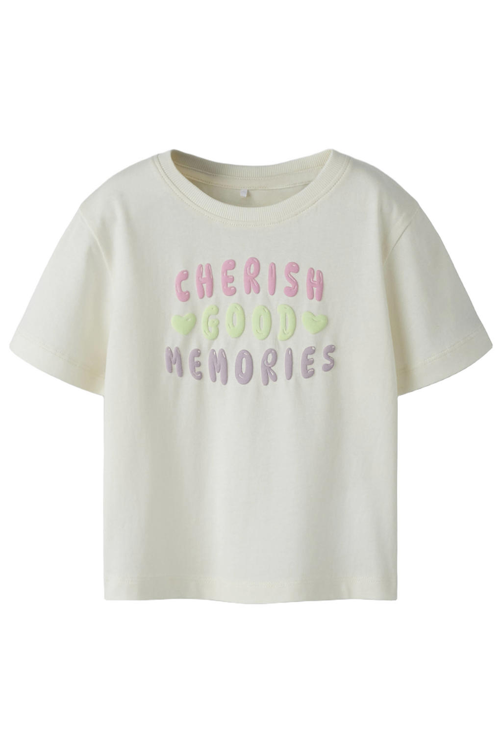 Ecru meisjes NAME IT MINI T-shirt van katoen met tekst print, korte mouwen en ronde hals