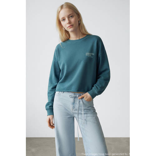 MANGO TEEN sweater met backprint petrol Blauw Backprint - maat 164(S) afbeelding