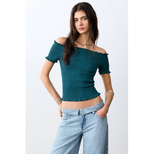 MANGO TEEN off shoulder top donkergroen Effen