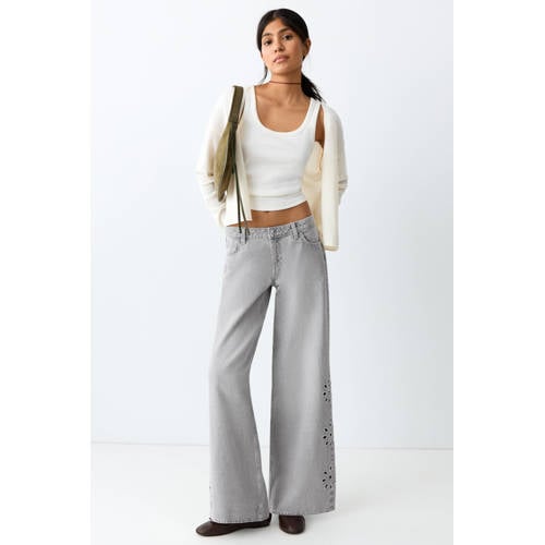 MANGO TEEN wide leg jeans broderie grey denim Grijs Effen