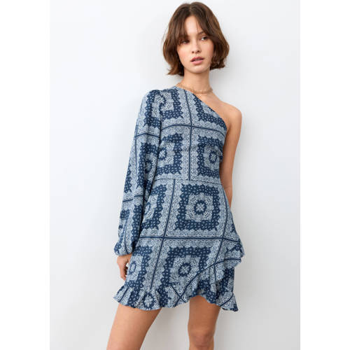 MANGO TEEN one shoulder jurk met paisley print blauw Paisley - maat 168(M) afbeelding
