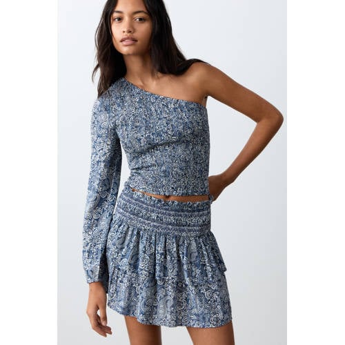 MANGO TEEN one shoulder top donkerblauw All over print - maat 158(XS) afbeelding