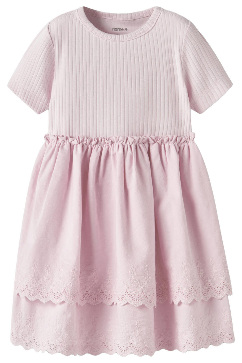 Roze meisjes NAME IT MINI midi jurk broderie van stretchkatoen met effen, korte mouwen en ronde hals