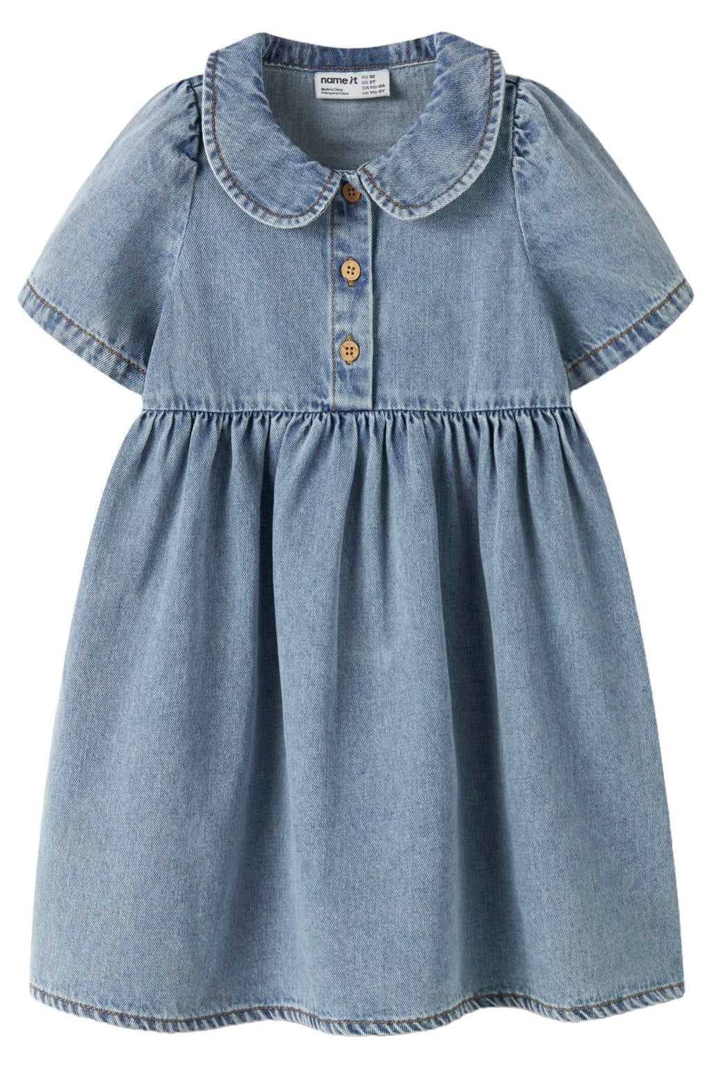 Medium blue denim meisjes NAME IT MINI spijkerjurk van denim met effen, korte mouwen en peter pan-kraag