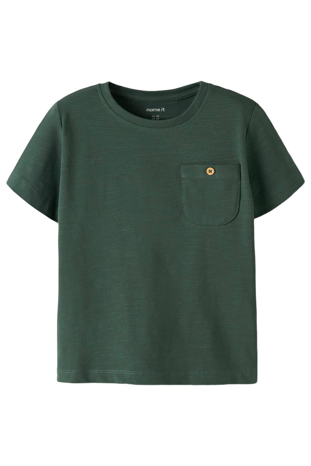 Donkergroene jongens NAME IT MINI T-shirt van stretchkatoen met effen, korte mouwen en ronde hals