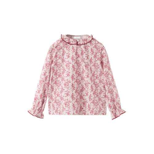 Mango Kids gestreepte gebloemde blousetop roze Meisjes Katoen Ronde hals - maat 110 afbeelding