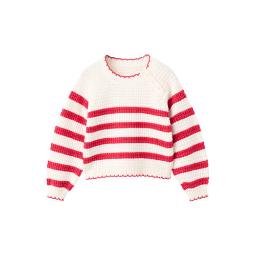 Mango Kids grof gebreide pullover met strepen ecru rood Trui Meisjes Katoen Ronde hals - maat 92 afbeelding