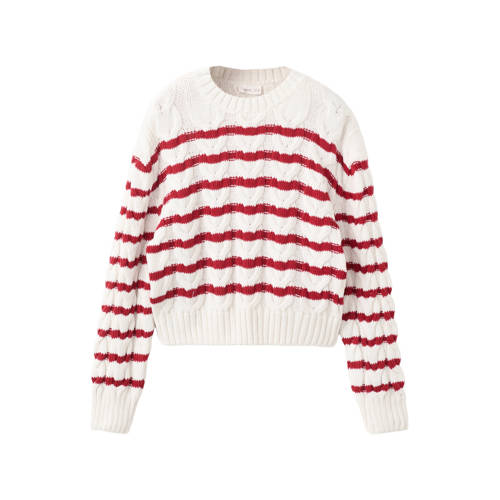 Mango Kids gestreepte trui wit met kabels Meisjes Katoen Ronde hals Streep - maat 128 afbeelding