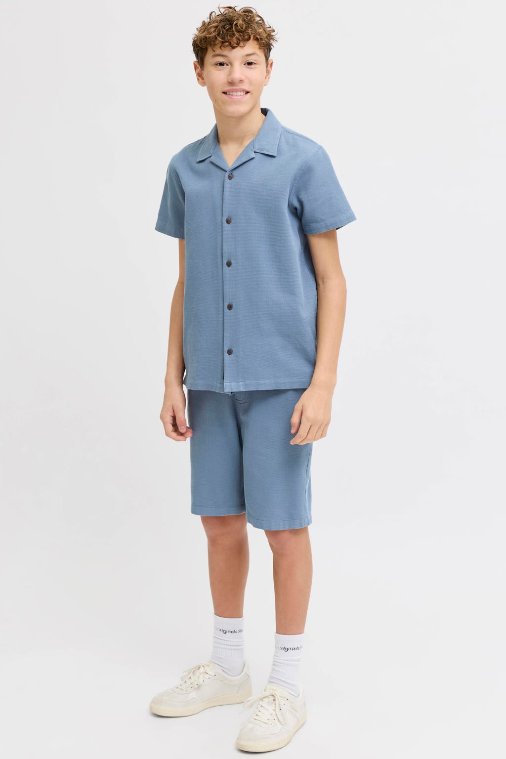 Blauwe jongens JACK & JONES JUNIOR korte broek overhemd van katoen met effen, korte mouwen, widespread hals, elastische tailleband met koord en textuur