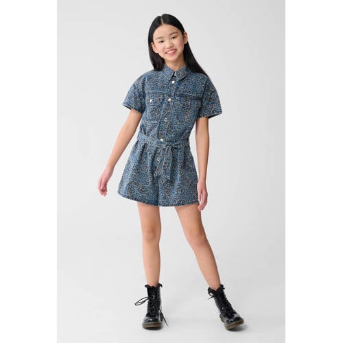 Shoeby playsuit medium blue denim met panterprint Blauw Dierenprint