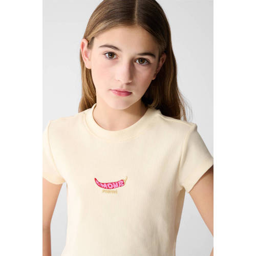 Shoeby T-shirt lichtgeel rib gebreid Meisjes Stretchkatoen Ronde hals Tekst - maat 158/164 afbeelding