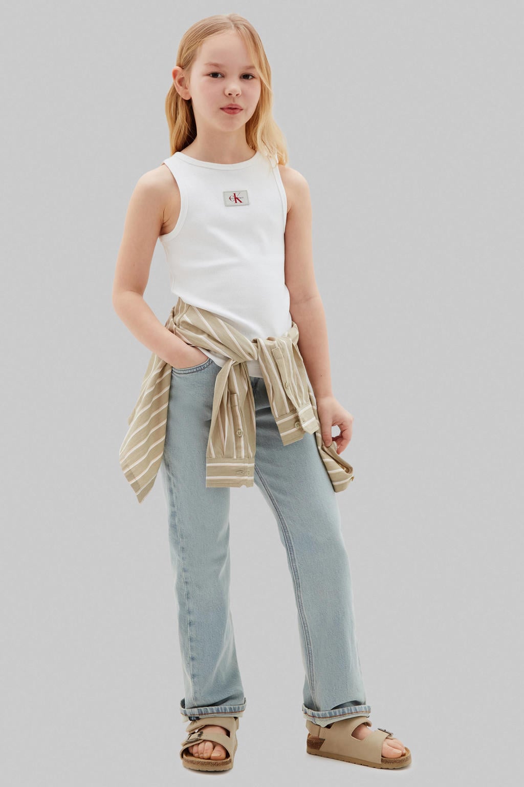 Light blue denim meisjes Calvin Klein straight leg jeans van denim met rits- en knoopsluiting en effen