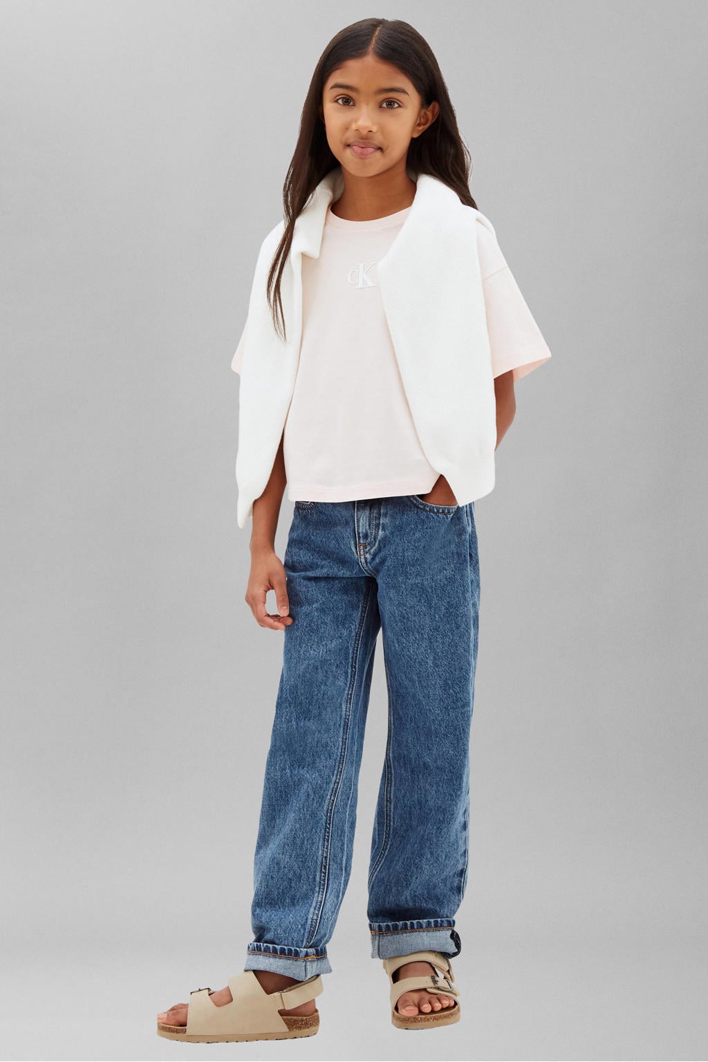 Lichtroze meisjes Calvin Klein T-shirt van katoen met effen, korte mouwen en ronde hals
