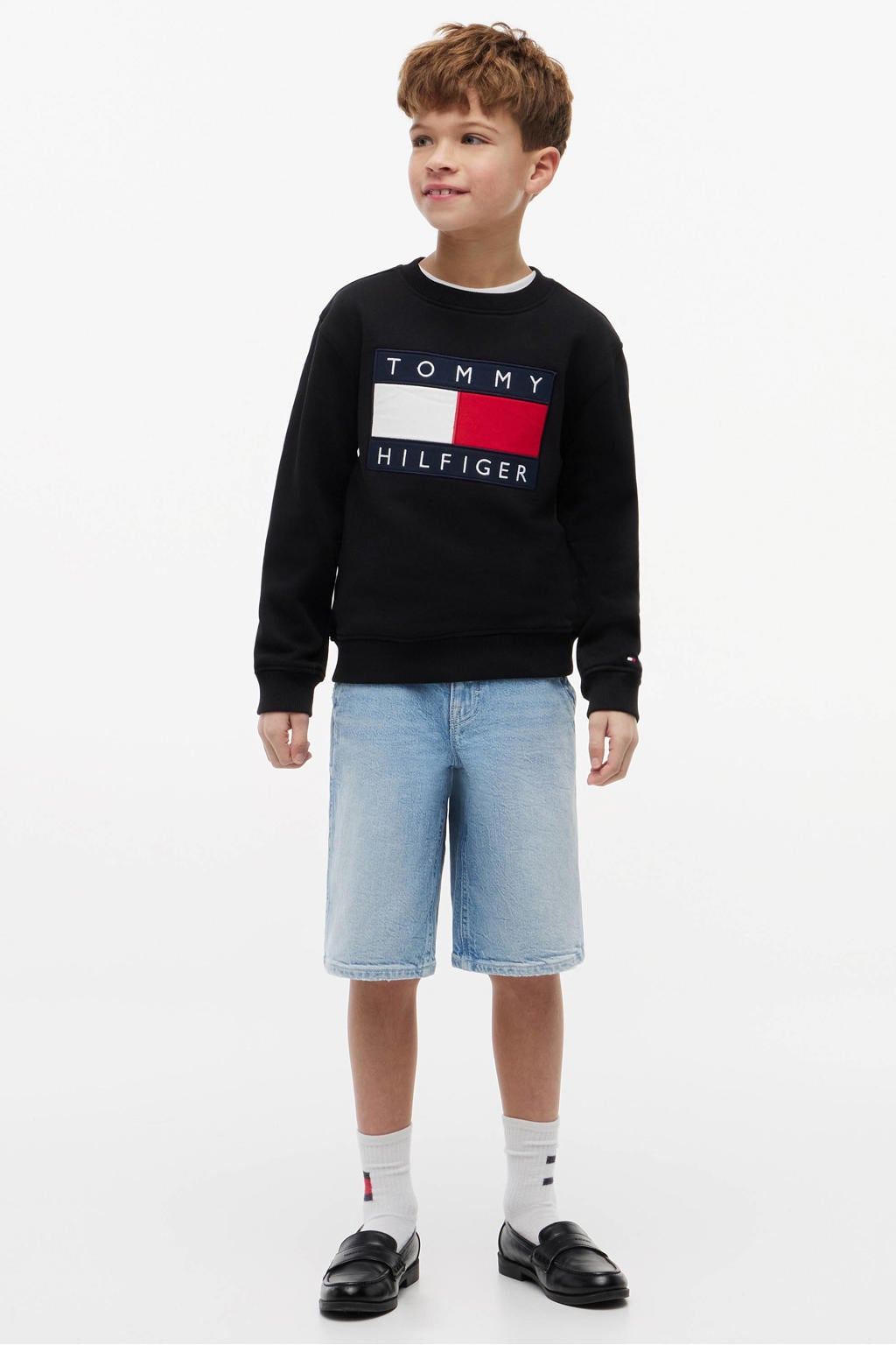Light blue denim jongens Tommy Hilfiger Sailor baggy short van denim met rits- en knoopsluiting en effen