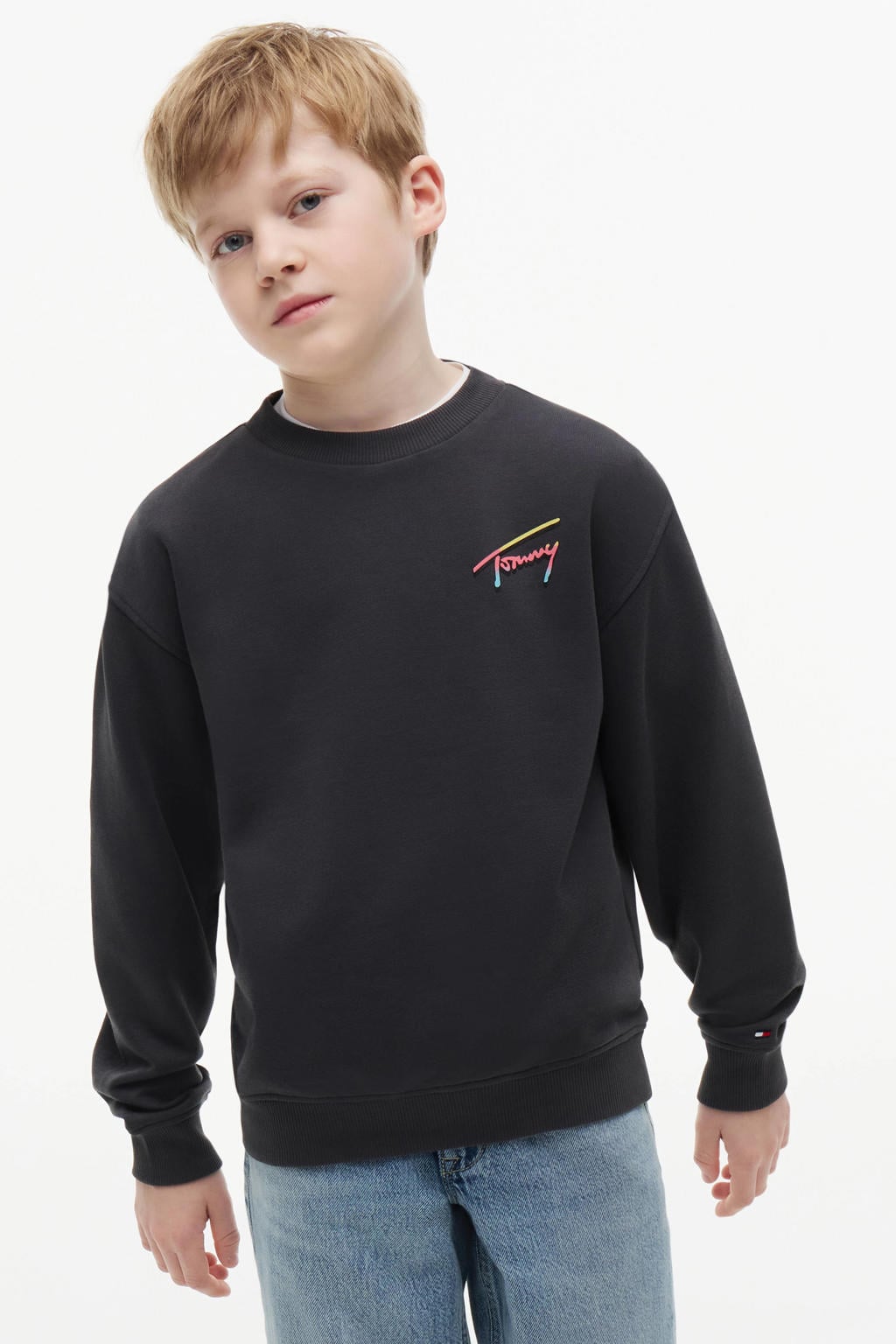 Zwarte jongens Tommy Hilfiger sweat sweater met backprint, lange mouwen, ronde hals en geribde boorden