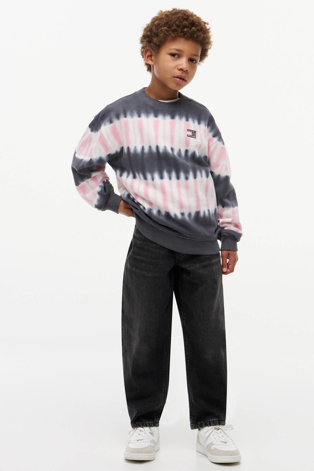 Donkerblauw en roze jongens Tommy Hilfiger oversized tie-dye sweater met lange mouwen en ronde hals