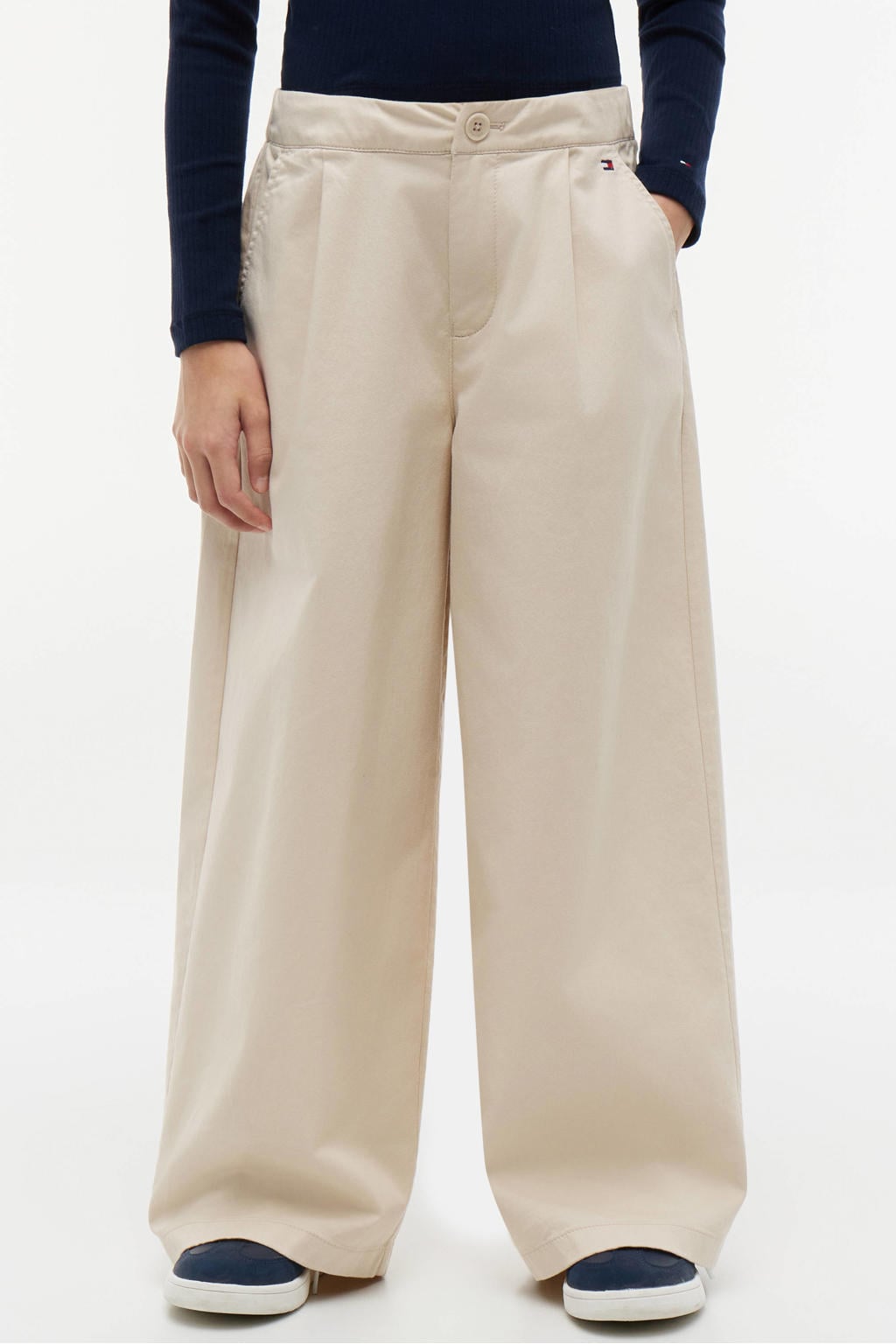 Beige meisjes Tommy Hilfiger wide leg casual broek van stretchkatoen met rits- en knoopsluiting en effen