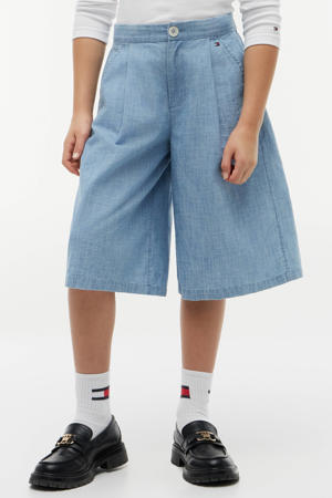 denim wide leg bermuda short met plooien - lichtblauw