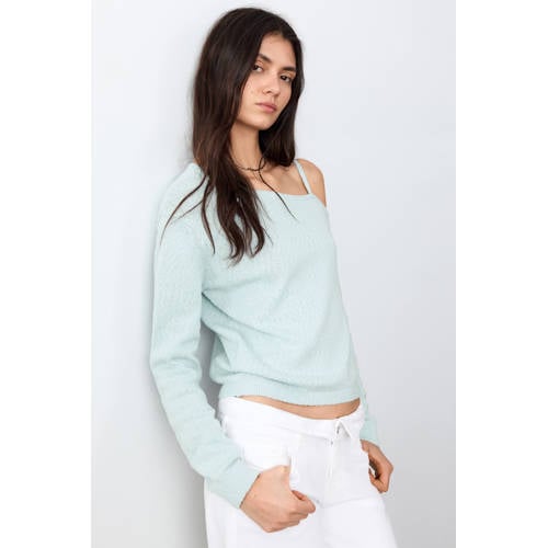 MANGO TEEN asymmetrische gebreide trui met one-shoulder lichtblauw Meisjes Katoen One shoulder - maat 164(S) afbeelding