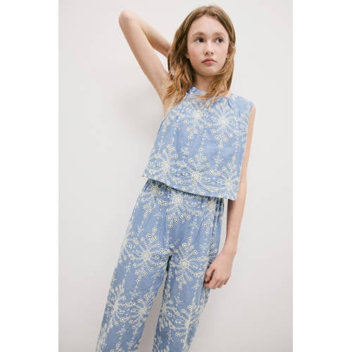 Mango Kids jumpsuit blauw Meisjes Katoen Halter All over print - maat 128 afbeelding