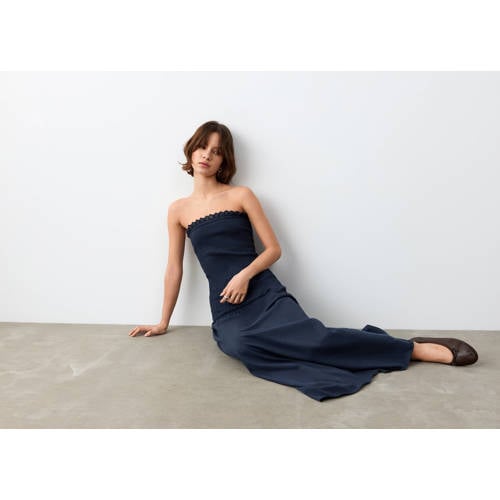 MANGO TEEN maxi jurk donkerblauw Meisjes Katoen Strapless Effen - maat 168(M) afbeelding