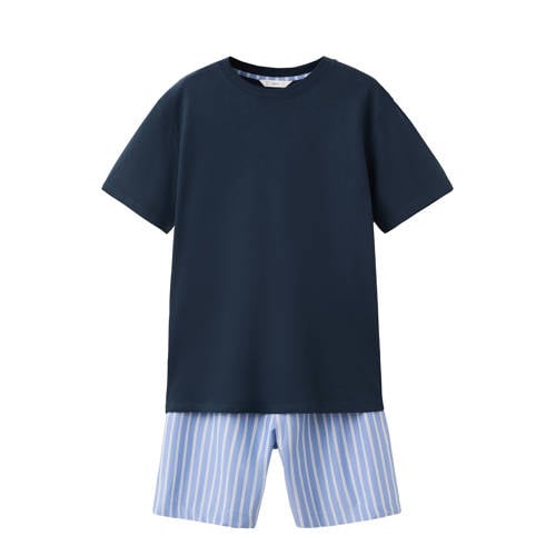 MANGO TEEN shortama donkerblauw/lichtblauw Jongens Katoen Ronde hals Streep - maat 170(S) afbeelding