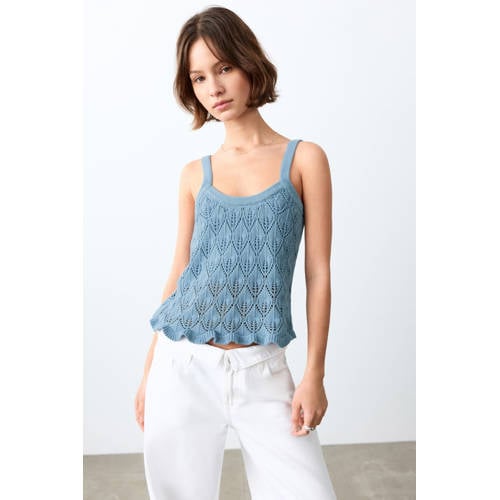 MANGO TEEN peplum top blauw Meisjes Katoen Ronde hals Effen - maat 152(XXS) afbeelding