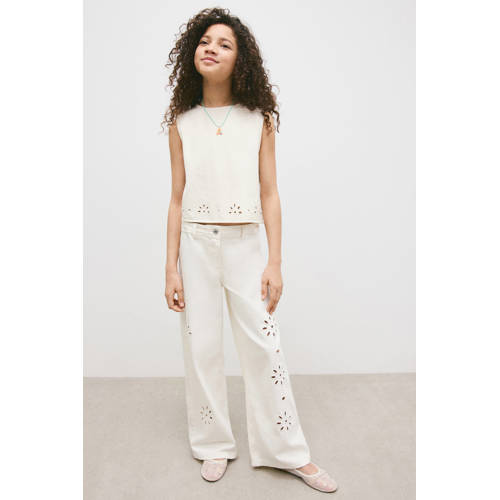 Mango Kids wide leg jeans ecru Meisjes Katoen Effen