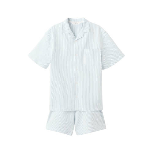 Mango Kids shortama blauw/wit Jongens Katoen Klassieke kraag Streep - maat 152 afbeelding