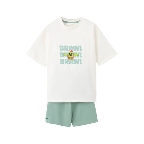 Mango Kids shortama lichtgroen/ecru Jongens Katoen Ronde hals Tekst - maat 152 afbeelding