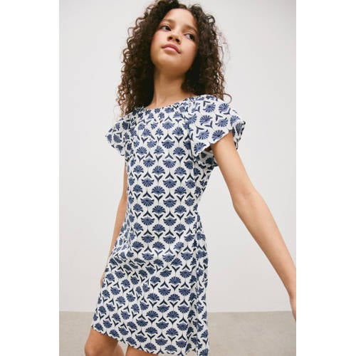 Mango Kids korte jurk blauw Meisjes Katoen Ronde hals All over print - maat 134 afbeelding