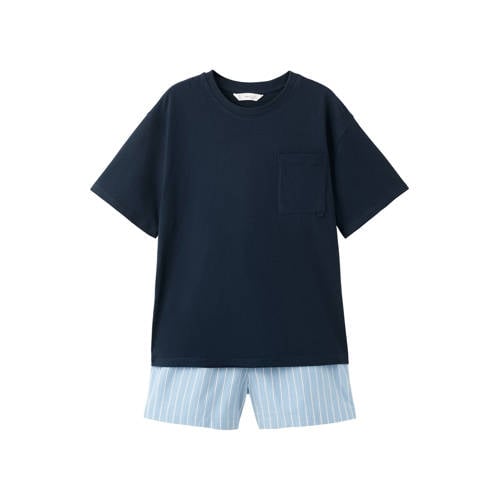 Mango Kids shortama donkerblauw/lichtblauw Jongens Katoen Ronde hals Effen - maat 128 afbeelding