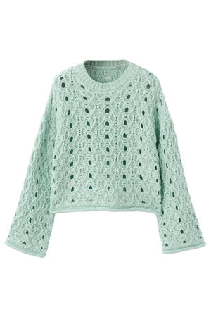 gebreide trui met open breisel turquoise