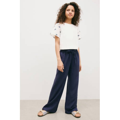 Mango Kids straight casual broek donkerblauw Meisjes Lyocell Effen - maat 116 afbeelding
