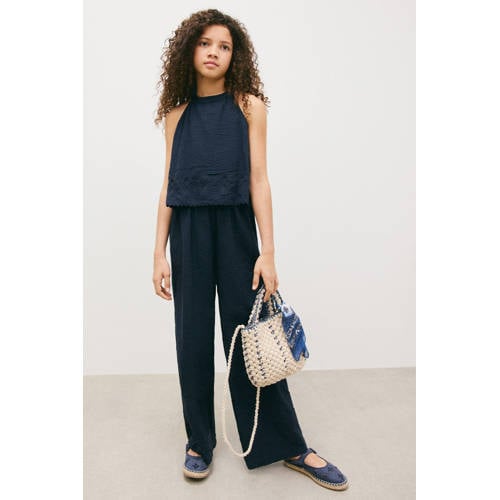 Mango Kids jumpsuit donkerblauw Meisjes Katoen Halter Effen - maat 122 afbeelding