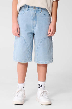 regular waist short light blue denim met textuur