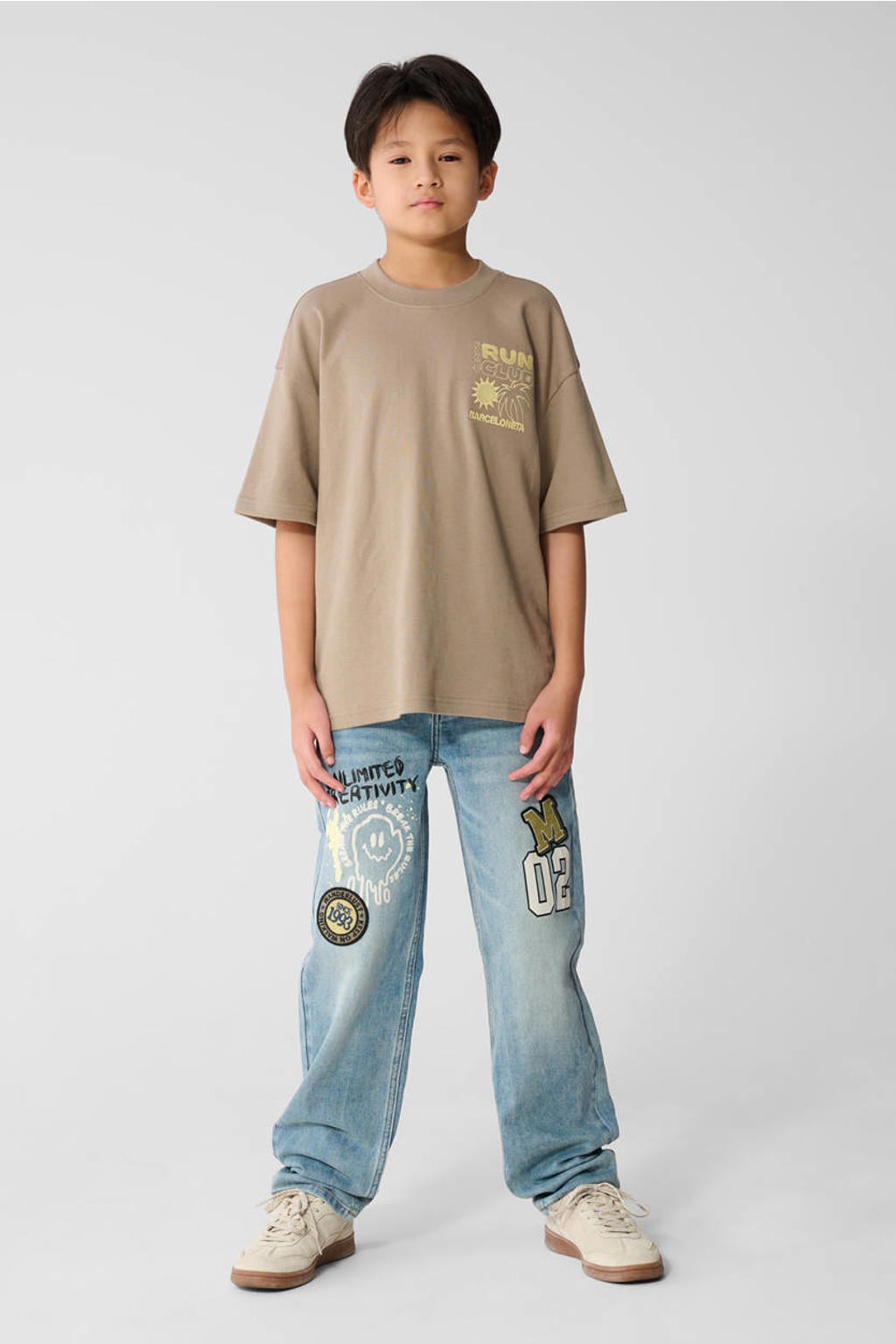 Taupe jongens Shoeby T-shirt van katoen met backprint, korte mouwen en ronde hals