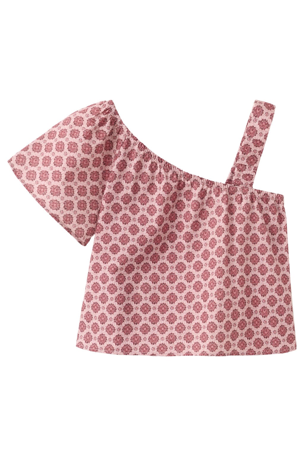 Donkerrood en roze meisjes Mango Kids one shoulder gebloemde top met korte mouwen
