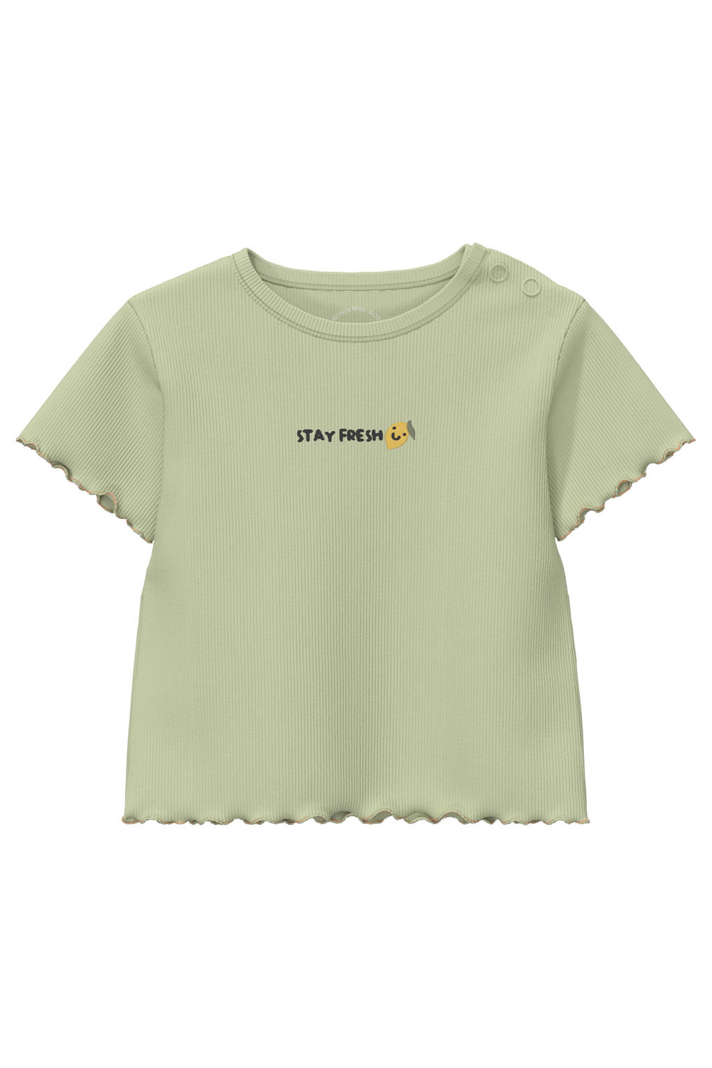 Lichtgroene meisjes s.Oliver T-shirt rib gebreid van stretchkatoen met tekst print, korte mouwen, ronde hals en drukknoopsluiting
