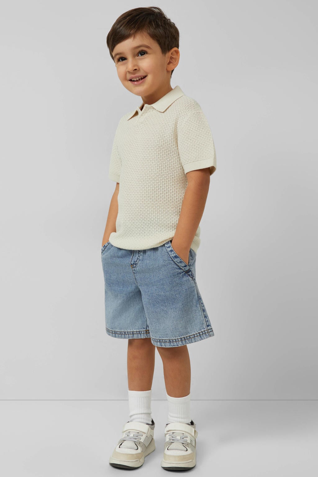Beige jongens s.Oliver T-shirt fijn gebreid van acryl met effen, korte mouwen en polo kraag