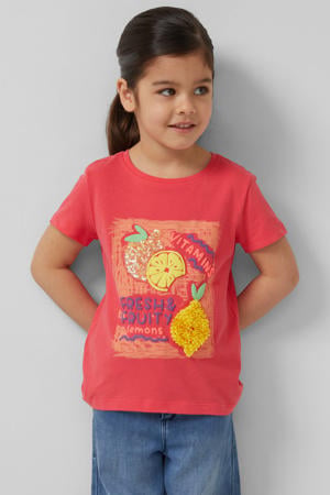 T-shirt met pailletten koraalrood