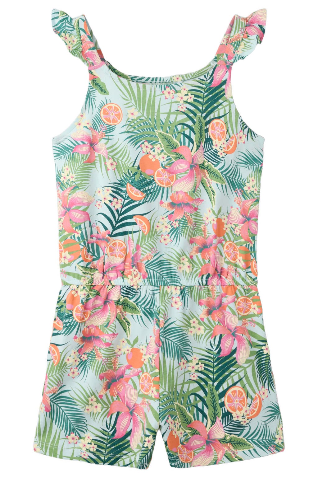 Lichtblauw en multikleurige meisjes NAME IT KIDS gebloemde regular playsuit van stretchkatoen