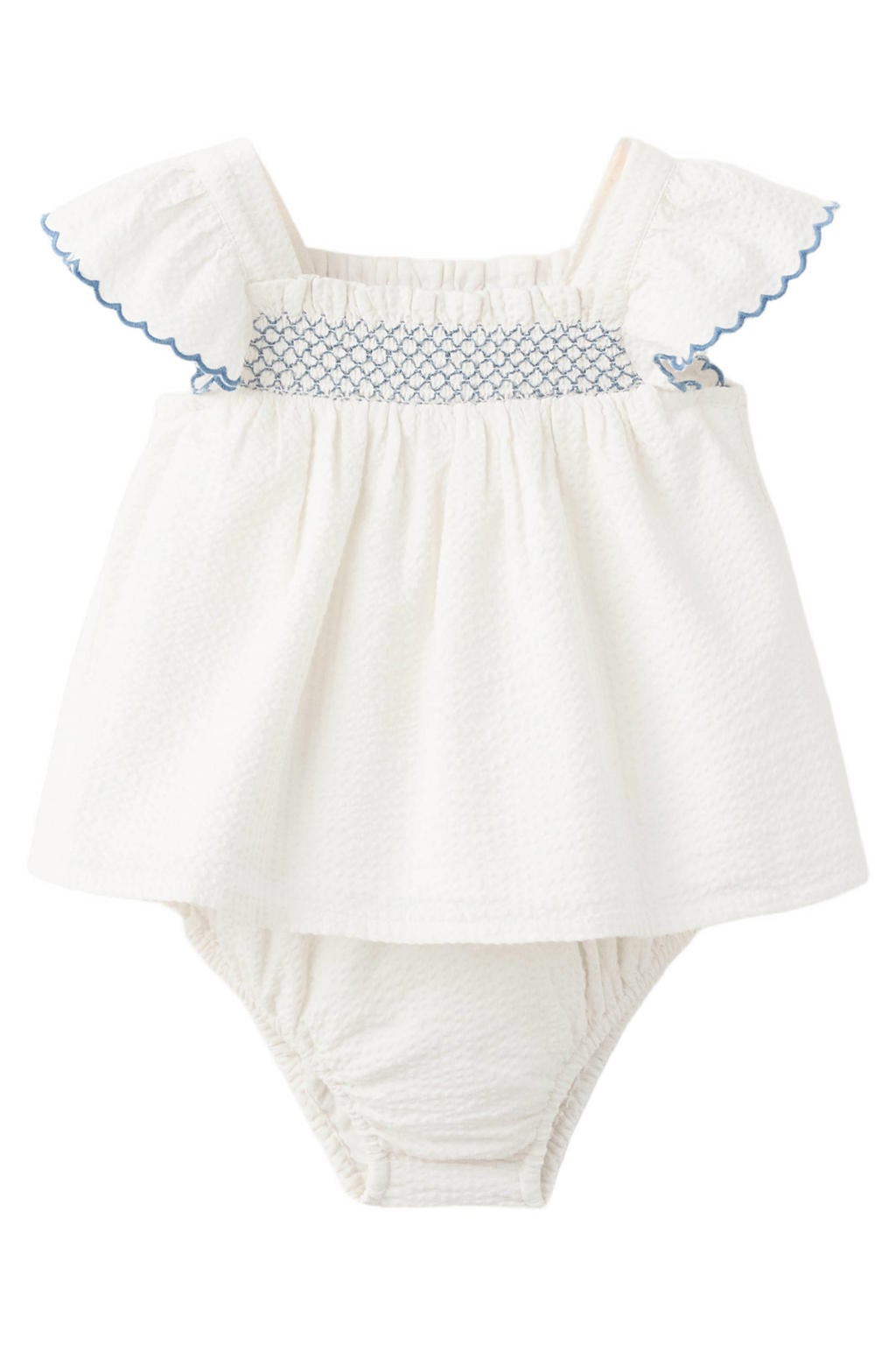 Wit en blauwe meisjes Mango Kids korte jurk van katoen met effen, korte mouwen, vierkante hals, elastische tailleband en binnenbroekje