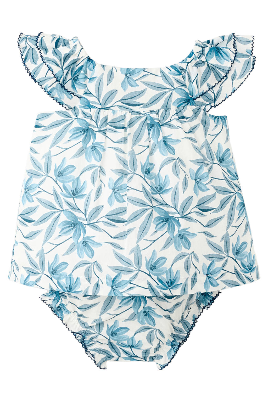 Blauw en witte meisjes Mango Kids jurk bloomer van katoen met korte mouwen en ronde hals