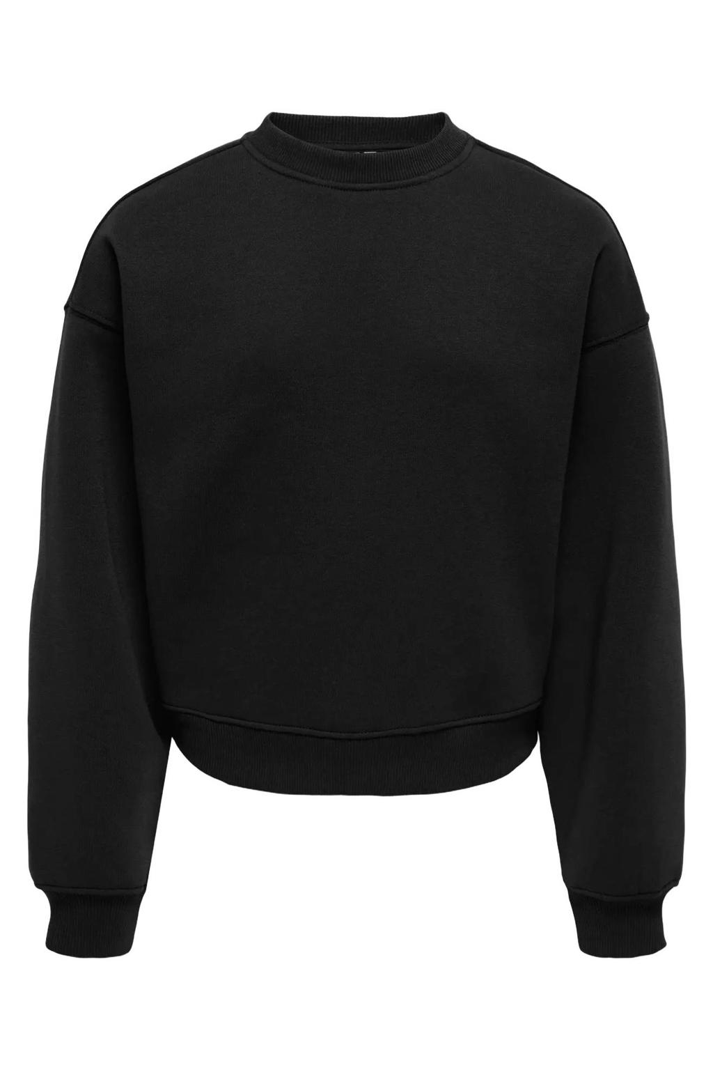 Zwarte meisjes KIDS ONLY GIRL sweater met effen, lange mouwen, ronde hals en geribde boorden
