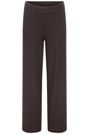 wide leg casual broek met textuur donkerbruin