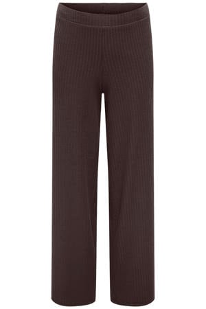 wide leg casual broek met textuur donkerbruin