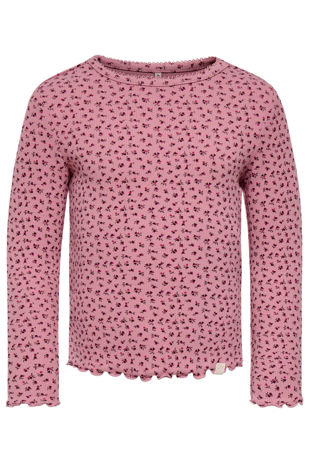 Roze en rode meisjes KIDS ONLY MINI longsleeve gebreid van stretchkatoen met bloemenprint, lange mouwen en ronde hals
